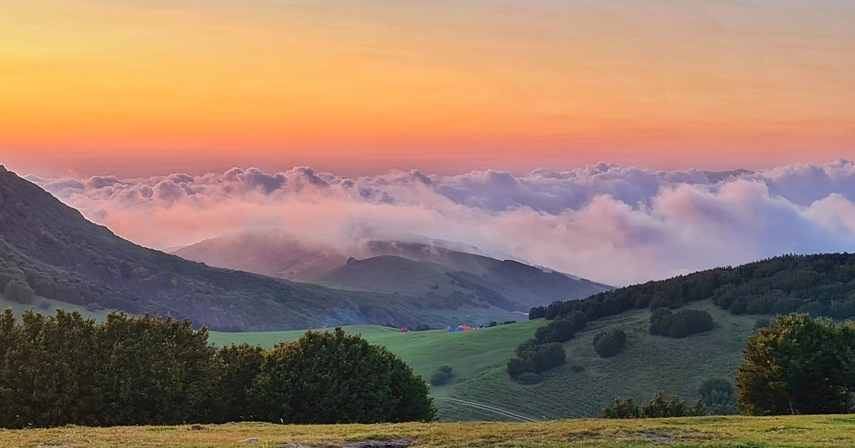 夕日に照らされた山と草原の風景