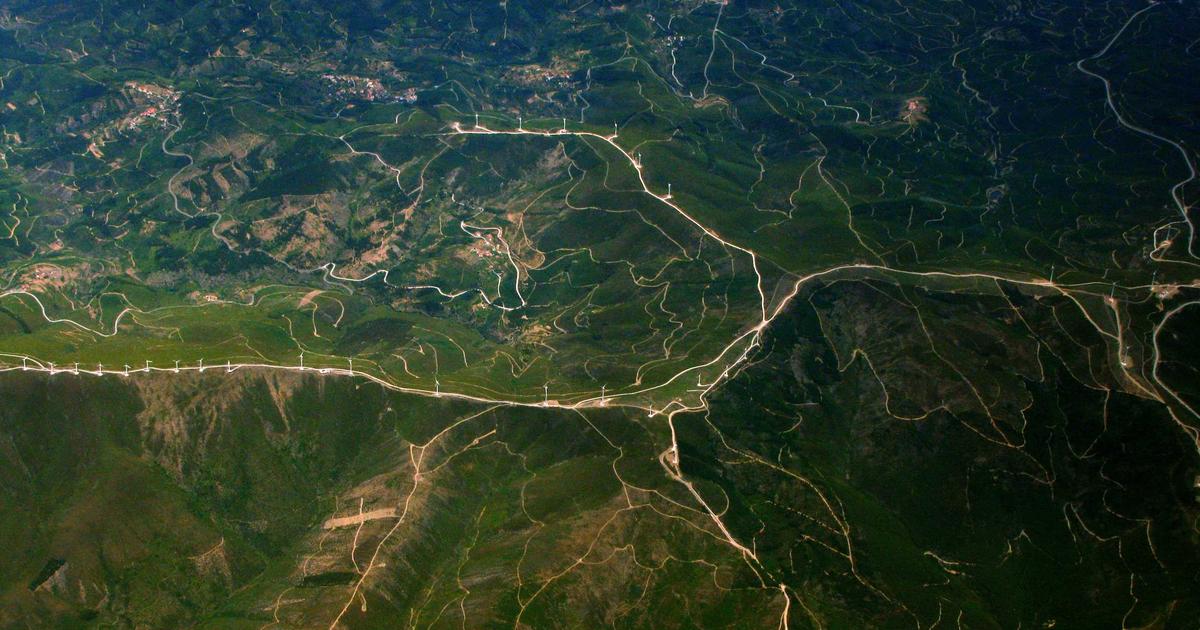 上空から見た緑の丘陵と道