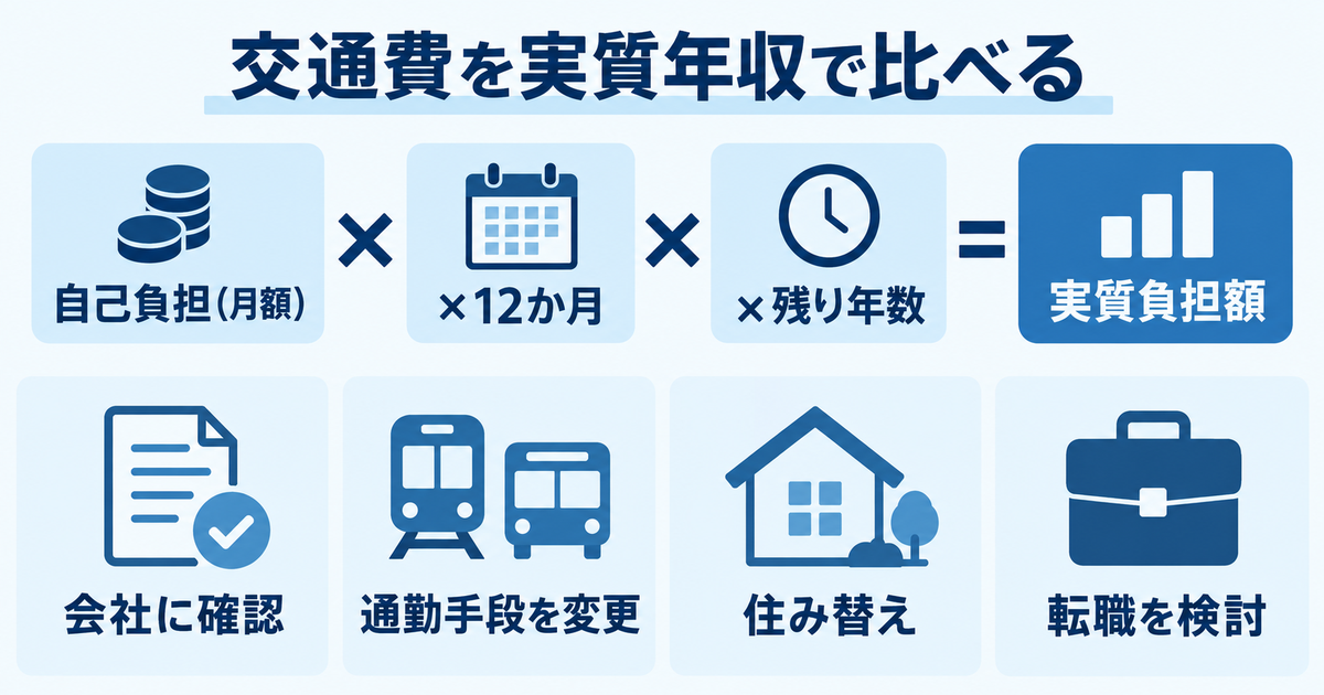 交通費の自己負担を年間と残り年数で計算する図