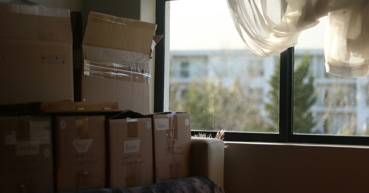 窓のある部屋に置かれた引っ越し用の段ボール箱